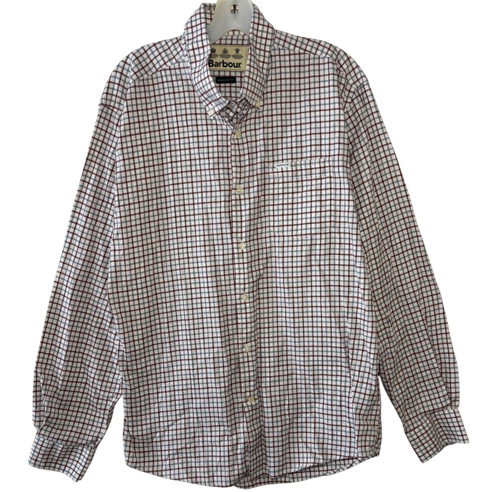 Barbour Mens Regular Fit Tattersall Check Button Down Shirt Size M Red Plaid